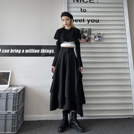 3D Black Midi Skirt With Pocket High Waist