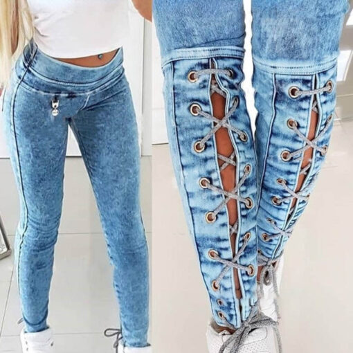 90s Washed Denim Skinny Jeans Drawstring Lacing