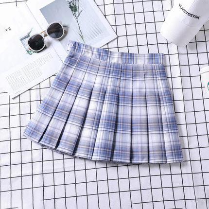 Anti glare Blue Plaid A line Pleated Mini Skirt