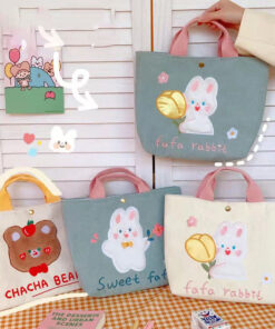 Bag Canvas Embroidery Sweet Kawaii Print Bunny Bear - Harajuku