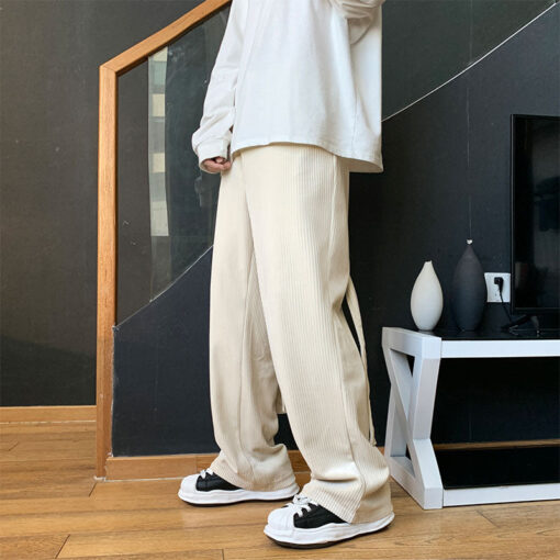 Beige Black Corduroy Pants Leg Straps Buttons - Harajuku