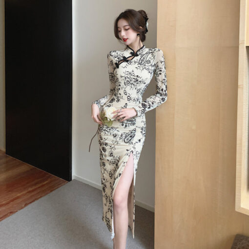 Beige Long Cheongsam Dress With Slit High Quality