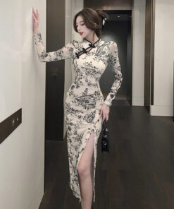 Beige Long Cheongsam Dress With Slit High Quality