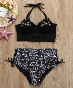 Bikini Swimsuit Push Up High Waist Embroidery Cat - Harajuku