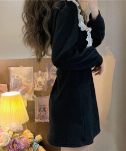 Black Apricot Knitted Dress For Girl With Ruffles - Harajuku