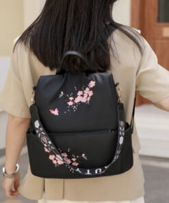 Black Backpack Embroidery Sakura