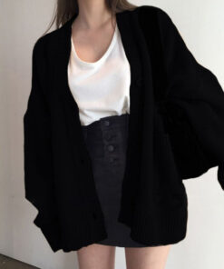 Black Blue Knitted Lazy Cardigan With Pockets