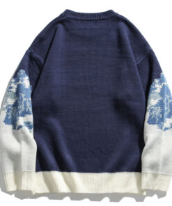 Black Blue Knitted Sweater Mountain Print