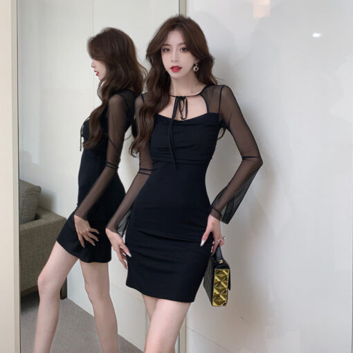 Black Bodycon Mini Dress Sheer Mesh Sleeves