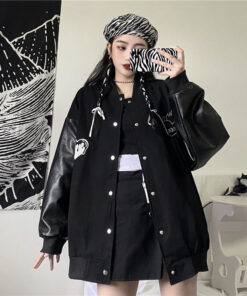 Black Bomber Jacket Embroidery Retro Style - Harajuku