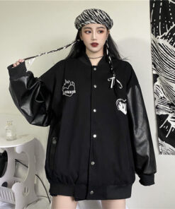 Black Bomber Jacket Embroidery Retro Style - Harajuku