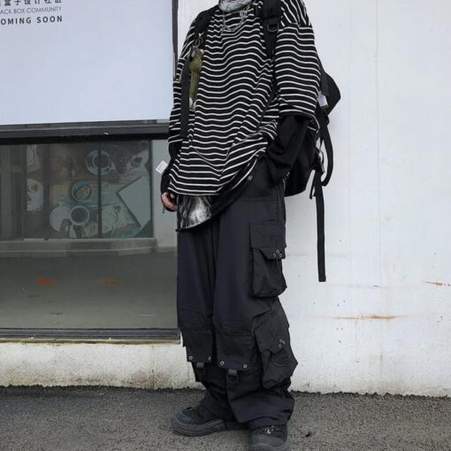 Black Cargo Pants Loose Pants Pockets Retro Punk Style - Harajuku