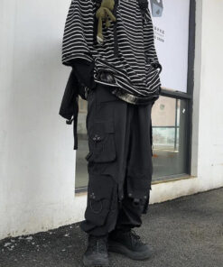 Black Cargo Pants Loose Pants Pockets Retro Punk Style - Harajuku