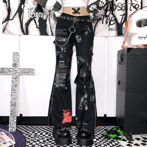 Black Cargo Pants Punk Gothic Letter Print - Harajuku