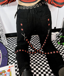 Black Cargo Pants Punk Stars Zippers Metal Chains