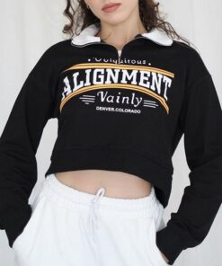 Black Cropped Pullover Polo Shirt Cotton Letter Print