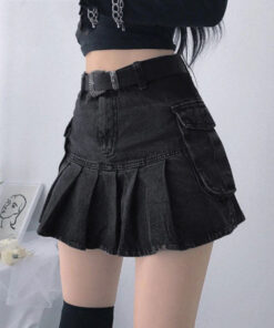 Black Denim Pleated E-girl Outfits Skirt - Harajuku