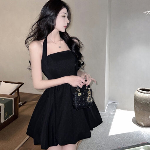 Black Dress Full Skirt Open Back - Harajuku