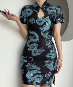 Black Dress with Dragon Pattern - Harajuku