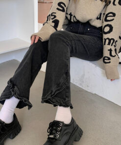 Black Flared Jeans High Waist Ruffle Bottom - Harajuku
