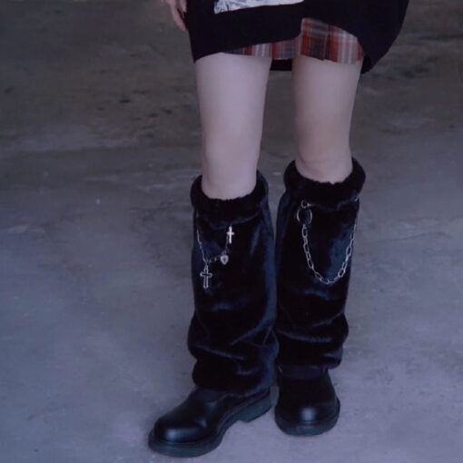 Black Gothic Leg Warmers Fluffy Socks Metal Chains - Harajuku