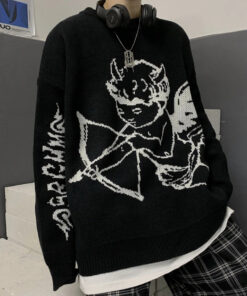 Black Gray Knitted Jumper Angel Harajuku Style - Harajuku