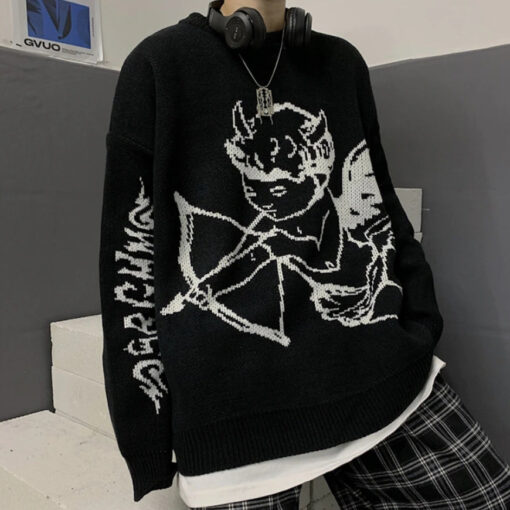Black Gray Knitted Jumper Angel Harajuku Style - Harajuku