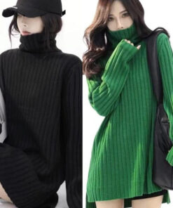 Black Green Knitted Extra Long Turtleneck Sweater