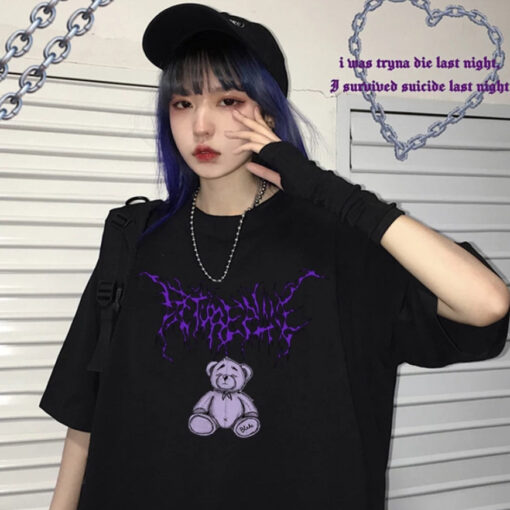 Black Harajuku Bear Gothic Anime T-shirt - Harajuku