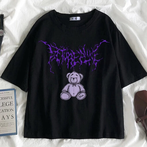 Black Harajuku Bear Gothic Anime T-shirt - Harajuku