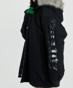 Black Hooded Jacket Faux Fur Letter Print Sleeves