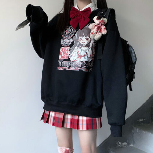 Black Hoodie Print Girl Yami Kawaii - Harajuku