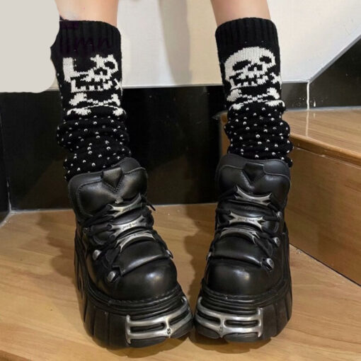 Black Knit Leg Warmers Skull Print Punk Style - Harajuku