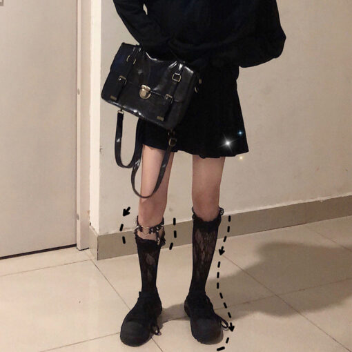 Black Lace Garter Leg Socks - Harajuku