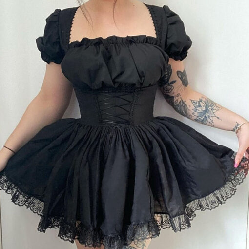 Black Lace Up Mini Dress With Lace