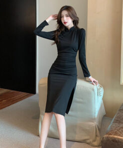 Black Mid Length Cheongsam Sheath Bodycon Dress