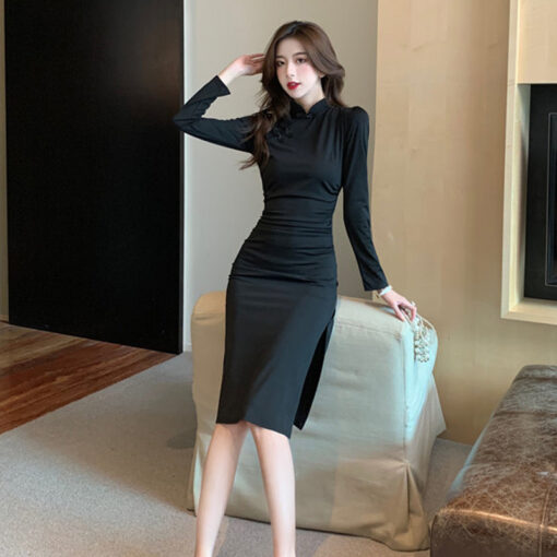 Black Mid Length Cheongsam Sheath Bodycon Dress