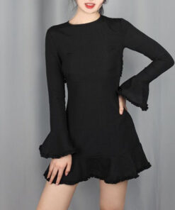Black Mini Dress Flared Skirt and Sleeves Open Back