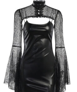 Black Mini Dress PU Leather With Lace Cape Halloween