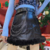 Black Mini Skirt Faux Leather Fluffy Bottom - Harajuku
