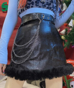 Black Mini Skirt Faux Leather Fluffy Bottom - Harajuku