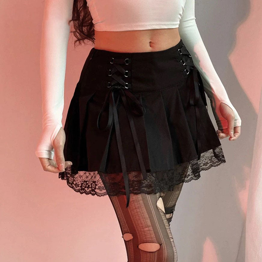 Black Mini Skirt Punk Pleated Lace