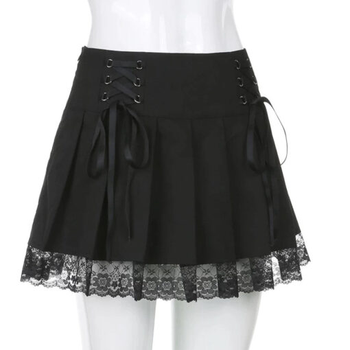 Black Mini Skirt Punk Pleated Lace - Harajuku