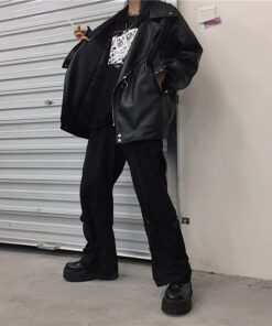Black Motorcycle Jacket Faux Leather Korea - Harajuku
