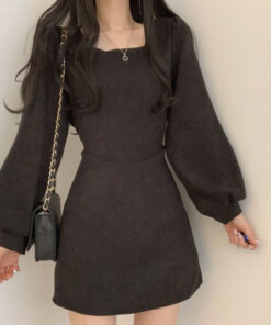 Black Or Khaki Dress Puffy Long Sleeves Grunge Style