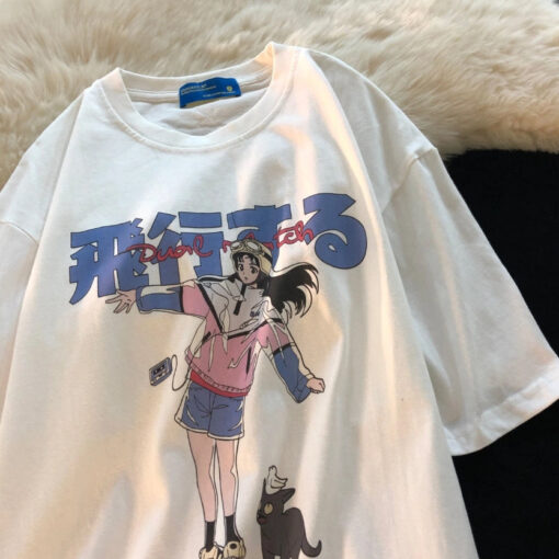 Black Or White T Shirt Anime Kawaii Girl With Cat Luna