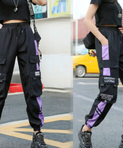 Black Purple Cargo Pants Sports Dancing - Harajuku