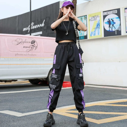 Black Purple Cargo Pants Sports Dancing - Harajuku