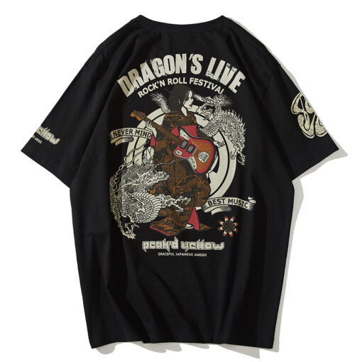 Black Red T Shirt Harajuku Style Retro Dragon