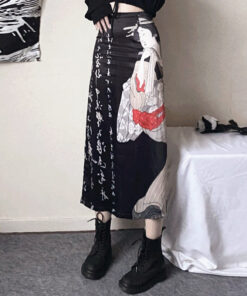 Black Satin Midi Skirt Harajuku Characters Geisha - Harajuku